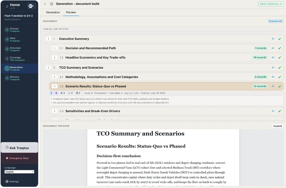 Generation screen with live preview — the section list on the left, the document content rendering on the right in real time. Total estimated cost shown at the top.
